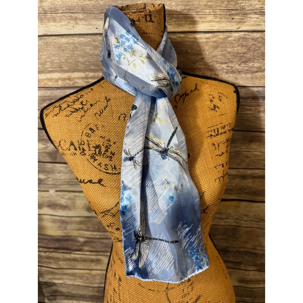 Blue Dragonfly Floral Print Oblong Scarf Silky Shadow Stripe Korea